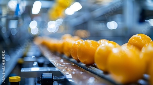 Close-up view of a fruit juice production line in a high-tech food plant, emphasizing clean and efficient processing