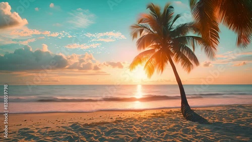 A tropical beach at sunset, framed by palm trees and ocean waves