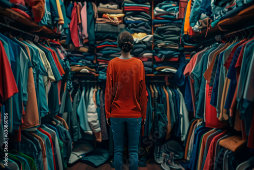 Girl in a red sweater stands in front of wardrobe with shelves and racks are packed with neatly folded and hanging clothes, Fast fashion consumption. © vasanty