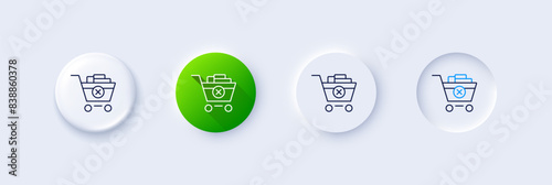 Remove Shopping cart line icon. Neumorphic, Green gradient, 3d pin buttons. Online buying sign. Supermarket basket symbol. Line icons. Neumorphic buttons with outline signs. Vector