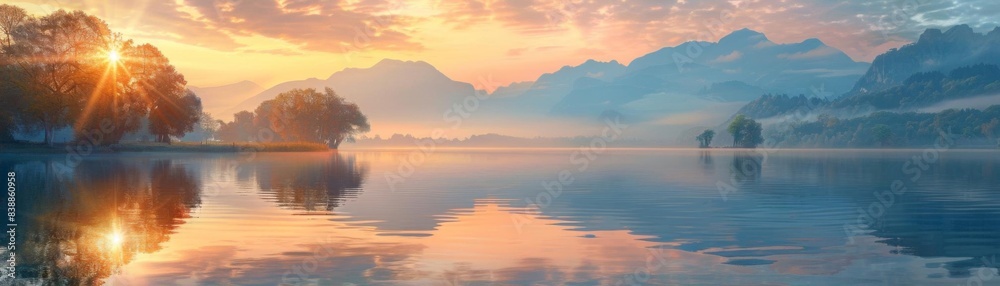 Serene lake during sunrise with majestic mountains in the background and a colorful sky reflecting on the water surface. Serene lake during sunrise with majestic mountains in the background and a colorful sky reflecting on the water surface.