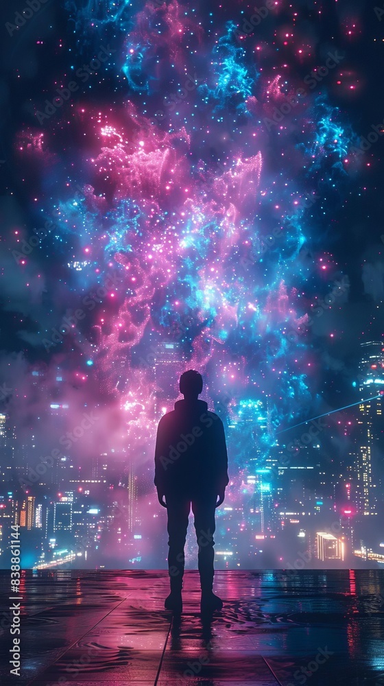 Silhouette of a person standing in a city at night, gazing at brilliant, colorful fireworks or an abstract celestial display in the sky.