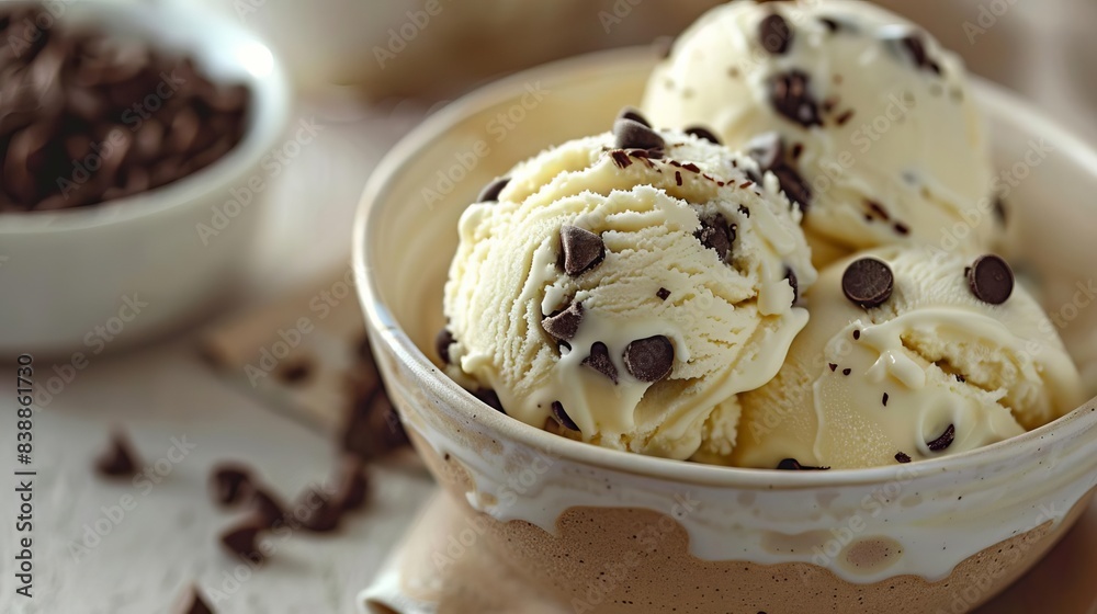 Three scoops of vanilla ice cream topped with chocolate chips in a rustic bowl, creating a perfect dessert setting on a wooden table. Three scoops of vanilla ice cream topped with chocolate chips in a rustic bowl, creating a perfect dessert setting on a wooden table.