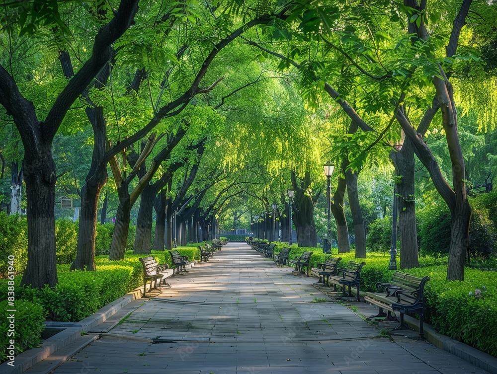Tranquil Urban Escape: Tree-Lined Walkway in City Park with Inviting Benches Tranquil Urban Escape: Tree-Lined Walkway in City Park with Inviting Benches