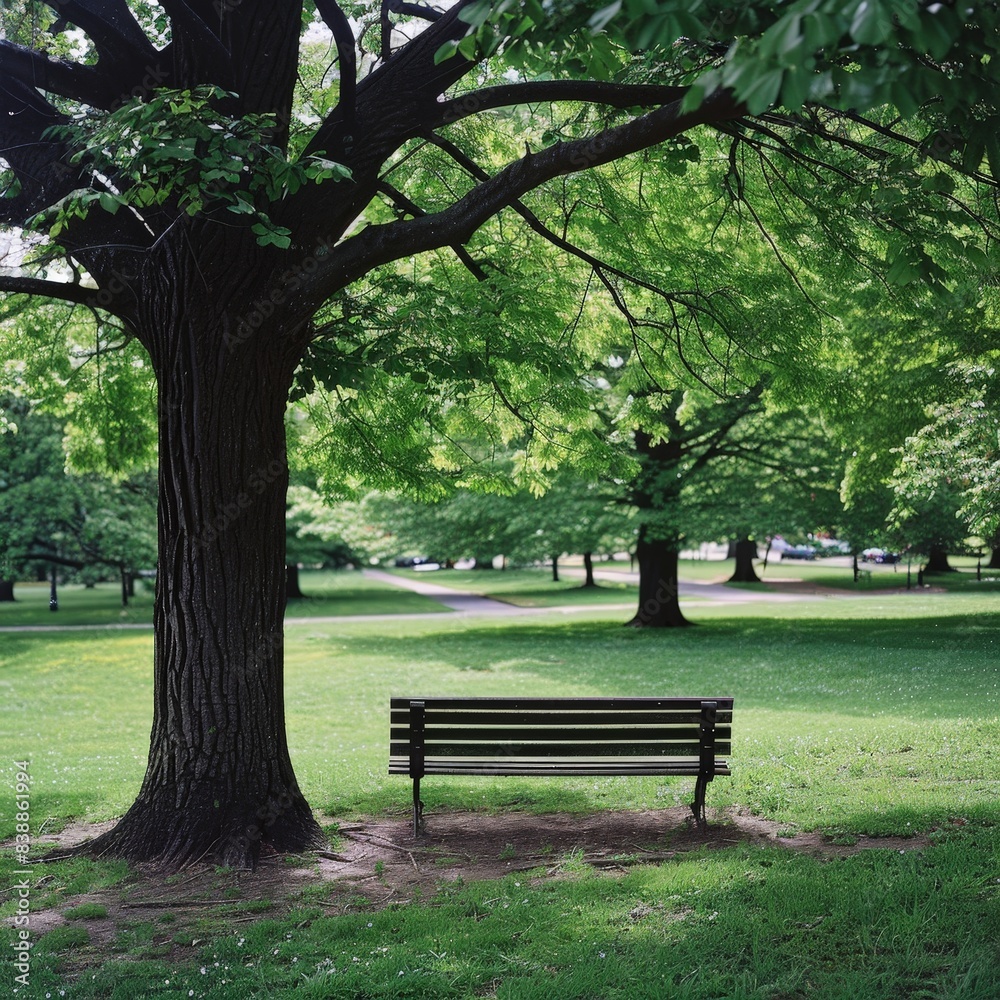 Tranquil Urban Oasis: Park Bench Beneath Majestic Tree in City Setting Tranquil Urban Oasis: Park Bench Beneath Majestic Tree in City Setting