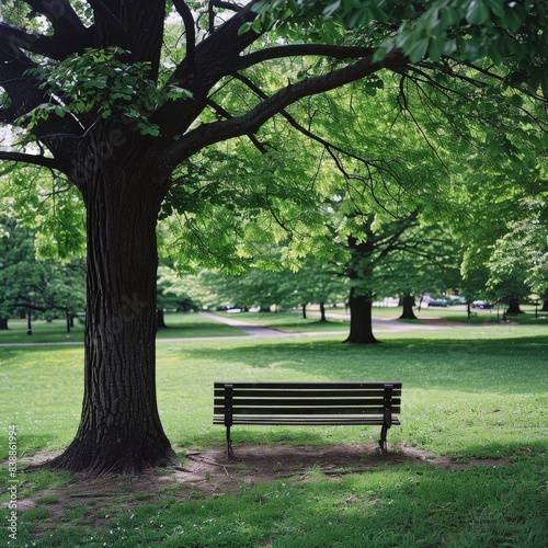 Tranquil Urban Oasis: Park Bench Beneath Majestic Tree in City Setting © Cheetose