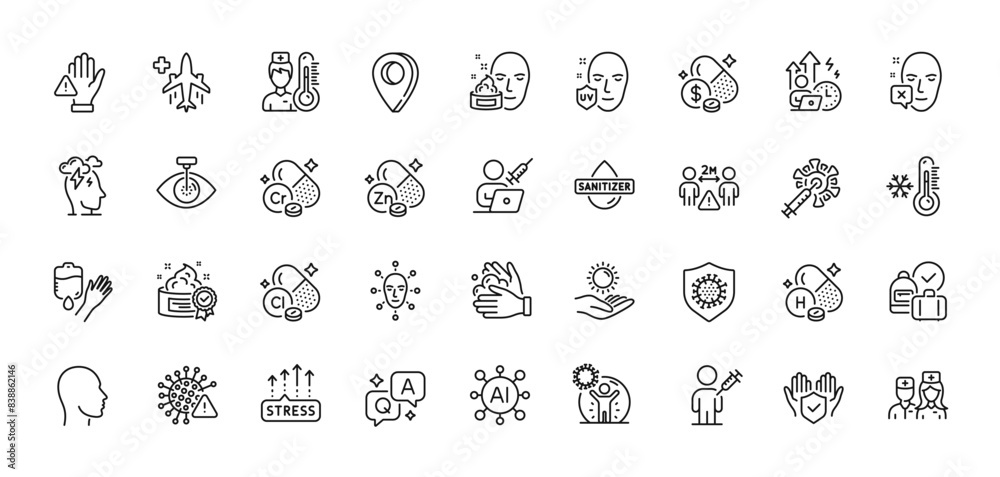 Covid virus, Medical flight and Blood line icons pack. AI, Question and Answer, Map pin icons. Chlorine mineral, Insurance hand, Head web icon. Vector Covid virus, Medical flight and Blood line icons pack. AI, Question and Answer, Map pin icons. Chlorine mineral, Insurance hand, Head web icon. Vector