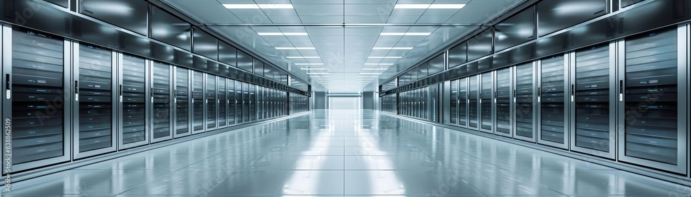 Modern data center with endless rows of server racks, showcasing advanced technology and infrastructure for data storage and management. Modern data center with endless rows of server racks, showcasing advanced technology and infrastructure for data storage and management.