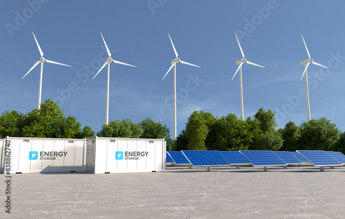 Energy storage systems with wind turbines and solar farms, Green alternative energy, Net zero emissions concept. 3D illustration