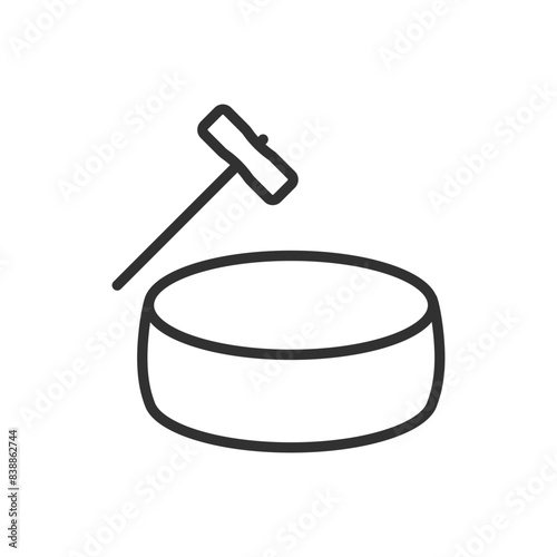 Determining the quality of the cheese by tapping with a hammer, linear icon. Cheese making stage. Line with editable stroke