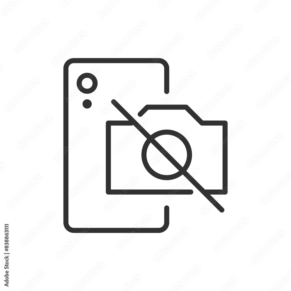 Do not take pictures on a smartphone, linear icon. Smartphone and blacked out camera. Privacy and security. Line with editable stroke Do not take pictures on a smartphone, linear icon. Smartphone and blacked out camera. Privacy and security. Line with editable stroke