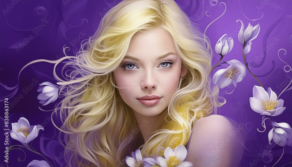 studio portrait of a blonde model with long hair on violet background studio portrait of a blonde model with long hair on violet background