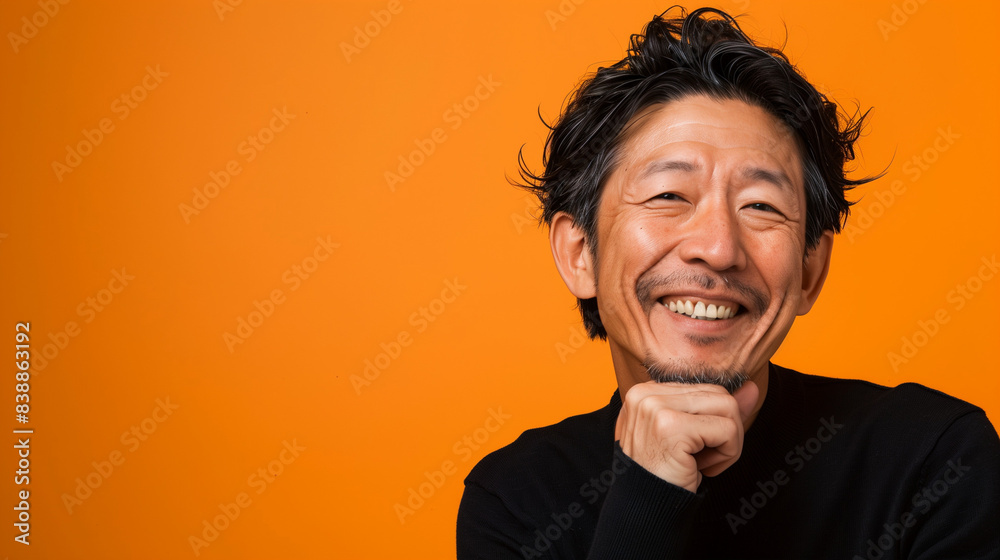 考え事をしながらインタビューに答える成功した男性 考え事をしながらインタビューに答える成功した男性