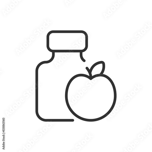 Vitamins and supplements, linear icon. A jar of pills and an apple. Line with editable stroke
