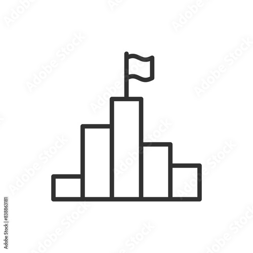 The attainment of a goal, linear icon. At the pinnacle of achievement. The chart and flag at the highest point. Line with editable stroke