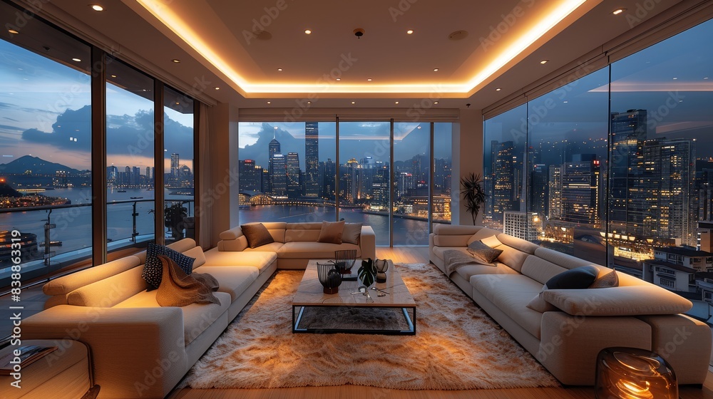 Modern high-rise apartment. The living room features floor-to-ceiling windows offering a stunning view of a bustling cityscape at night. Inside, elegantly furnished with plush sofas. Generative AI. Modern high-rise apartment. The living room features floor-to-ceiling windows offering a stunning view of a bustling cityscape at night. Inside, elegantly furnished with plush sofas. Generative AI.