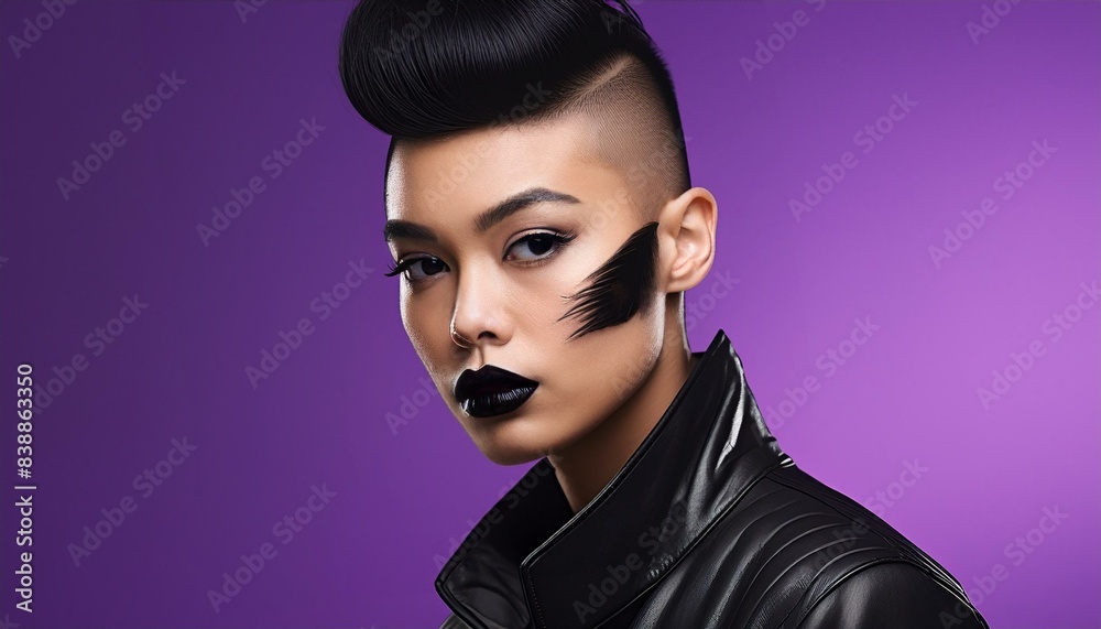 studio portrait of a brunette model with short hair and black lipstick on violet background studio portrait of a brunette model with short hair and black lipstick on violet background