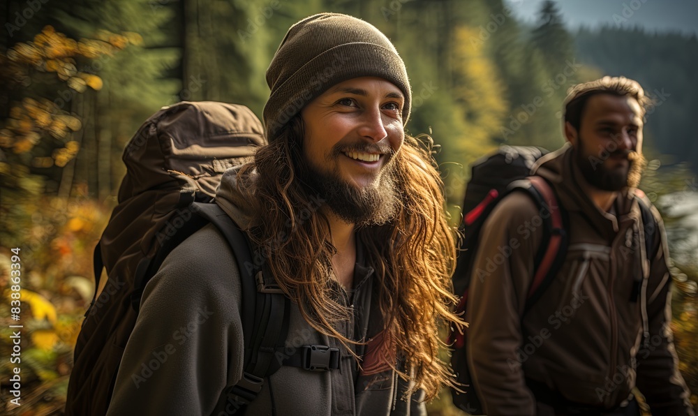 Man With Long Hair and Beard Wearing Backpack Man With Long Hair and Beard Wearing Backpack