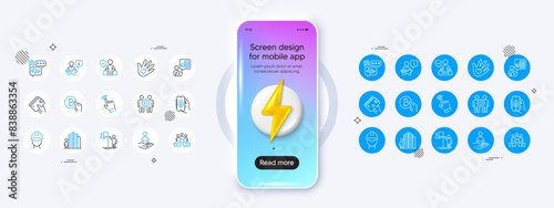 Cursor, Leadership and Podium line icons. Phone mockup with 3d energy icon. Pack of Bitcoin pay, Budget accounting, Foreman icon. Wallet, Agent, Employees teamwork pictogram. Vector