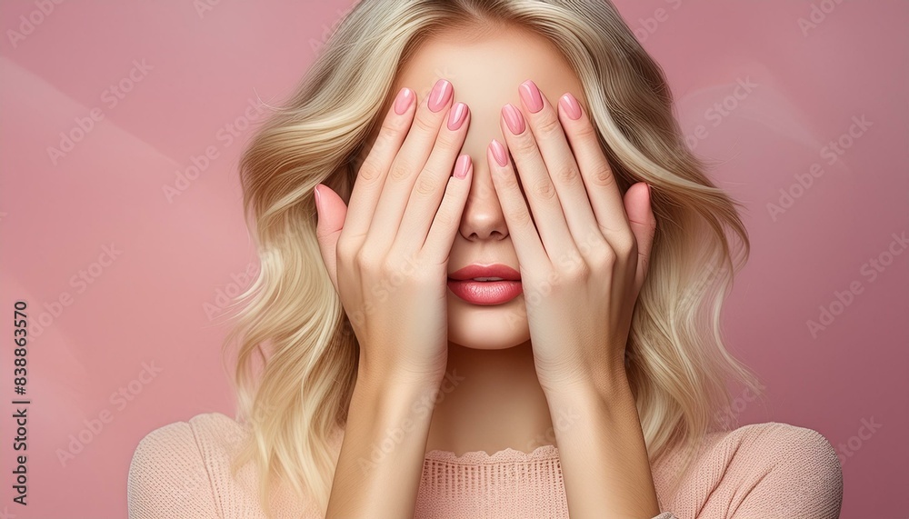 studio portrait of a blonde model with hands on his eyes and long hair on pink background studio portrait of a blonde model with hands on his eyes and long hair on pink background