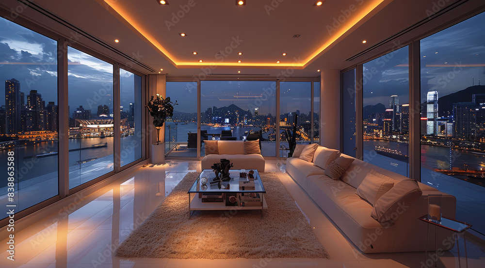 Modern high-rise apartment. The living room features floor-to-ceiling windows offering a stunning view of a bustling cityscape at night. Inside, elegantly furnished with plush sofas. Generative AI. Modern high-rise apartment. The living room features floor-to-ceiling windows offering a stunning view of a bustling cityscape at night. Inside, elegantly furnished with plush sofas. Generative AI.