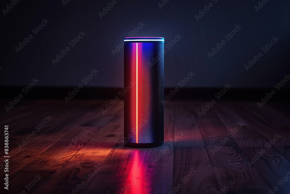 A music speaker with colored lighting stands on the floor in the dark. Generated by artificial intelligence A music speaker with colored lighting stands on the floor in the dark. Generated by artificial intelligence