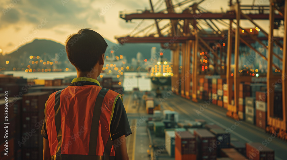 Man surveying harbor cargo containers Man surveying harbor cargo containers