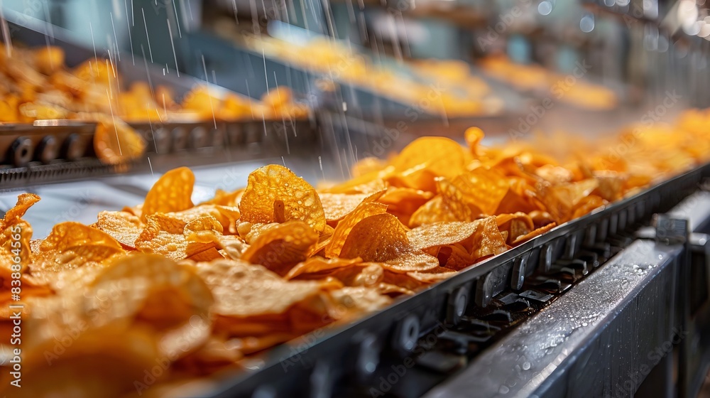 Close-up of tapioca chips moving on a modern production line in a clean food plant, highlighting the crisp, golden texture of the chips