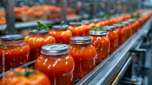 Close-up of tomato sauce production line in a modern food plant, showing clean and efficient manufacturing process photo