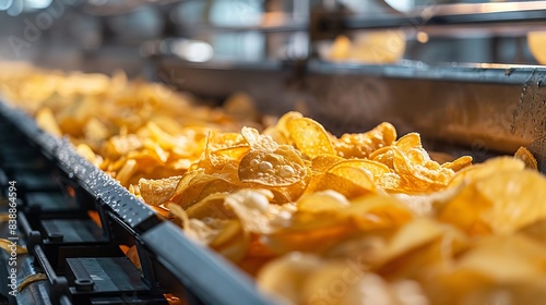 Close-up of tapioca chips moving on a modern production line in a clean food plant, highlighting the crisp, golden texture of the chips