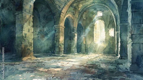 Watercolor artwork depicting a deserted structure