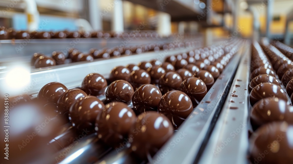 Close-up of chocolate sweets on a production line, showcasing the clean process in a modern food plant Close-up of chocolate sweets on a production line, showcasing the clean process in a modern food plant