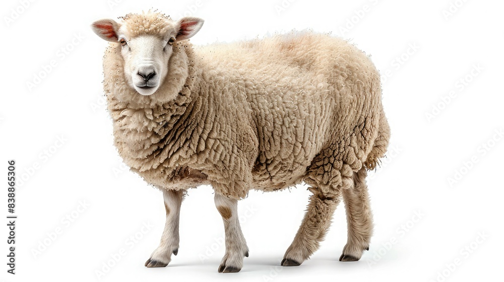 A woolly sheep standing on a white background, showcasing its thick, fluffy coat and distinctive features, looking directly into the camera. A woolly sheep standing on a white background, showcasing its thick, fluffy coat and distinctive features, looking directly into the camera.