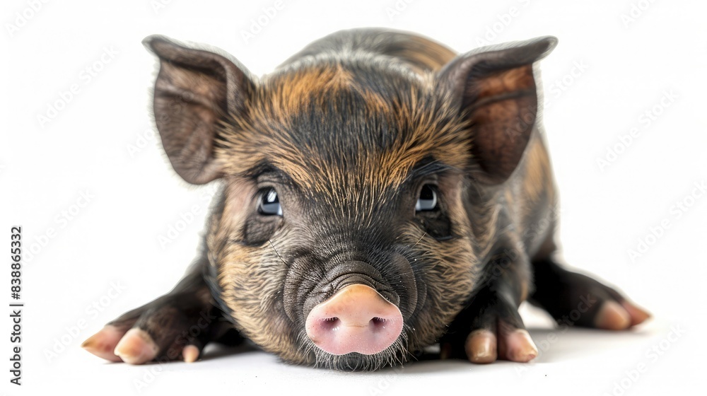 Adorable close-up of a piglet lying flat against a white background, capturing its curious expression and unique markings. Adorable close-up of a piglet lying flat against a white background, capturing its curious expression and unique markings.