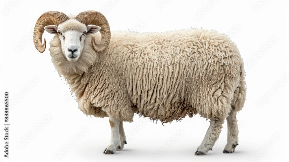 Close-up image of a woolly sheep with large, curved horns standing on a white background, showcasing its thick, fluffy fleece. Close-up image of a woolly sheep with large, curved horns standing on a white background, showcasing its thick, fluffy fleece.