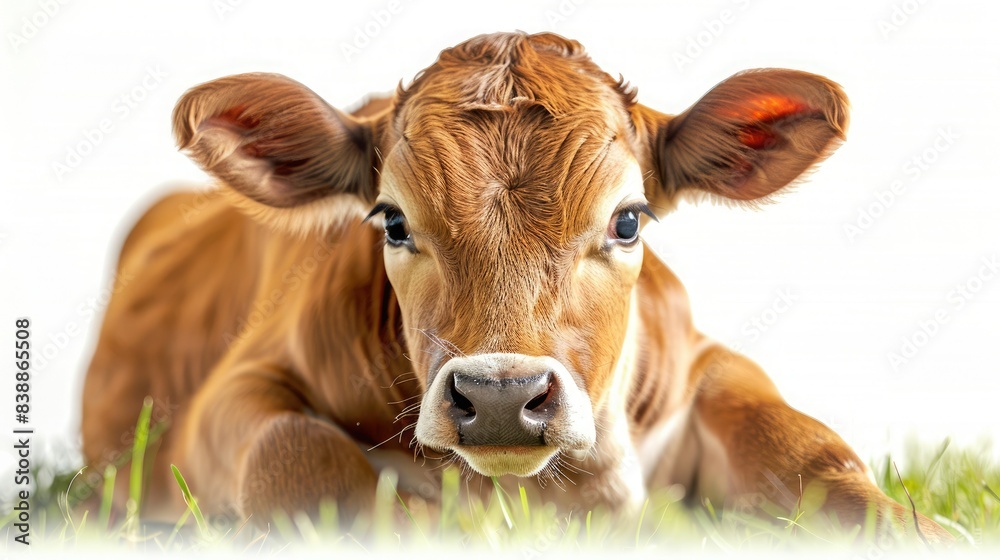 Close-up of a cute brown calf lying on green grass with a white background, showcasing its big eyes and soft fur. Perfect farm animal stock photo. Close-up of a cute brown calf lying on green grass with a white background, showcasing its big eyes and soft fur. Perfect farm animal stock photo.
