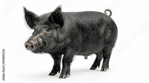 Close-up of a black pig standing on a white background, showing texture and details of the animal's body and fur.