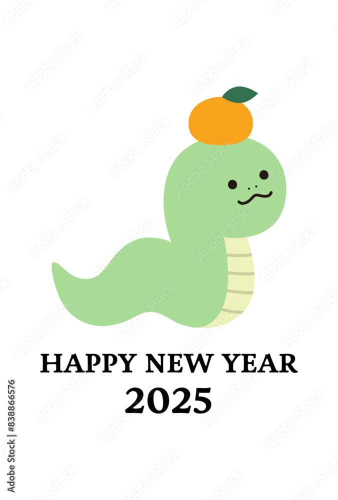 Fototapeta premium 2025年巳年の年賀状テンプレート 蛇年 みかん かわいい ベクター 