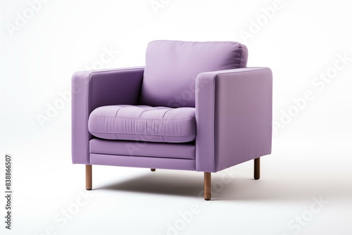 Modern purple armchair with wooden legs on a white background.