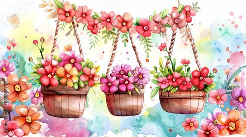 Colorful watercolor illustration of three hanging flower baskets with vibrant blooms and a floral background, perfect for spring themes.
