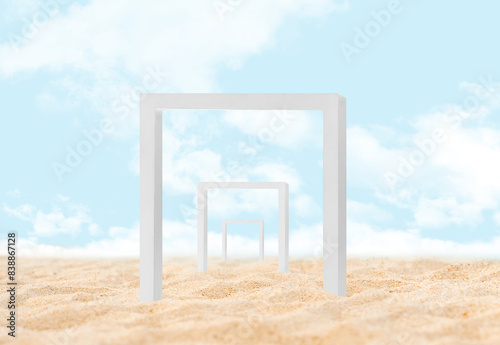 Sea Beach Sand Wave with Architecture Exterior Frame Concrete with Cloud floating on Sky Blue Background.Minimal surreal dreamy concept with White portal gates on sand dunes in sunny Summer