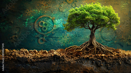 Fusion Of Nature And Technology: Tree Of Innovation With Mechanical Roots – Ai Generated