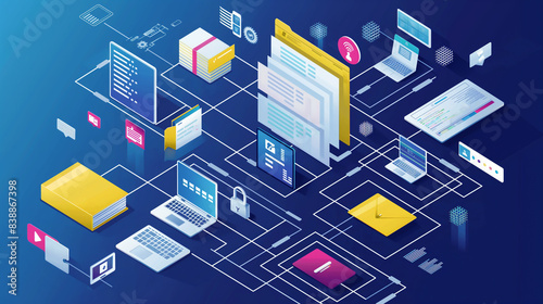 A serene scene illustrating document management, set in a tranquil library with shelves of neatly organized books and files, the DMS virtual icon