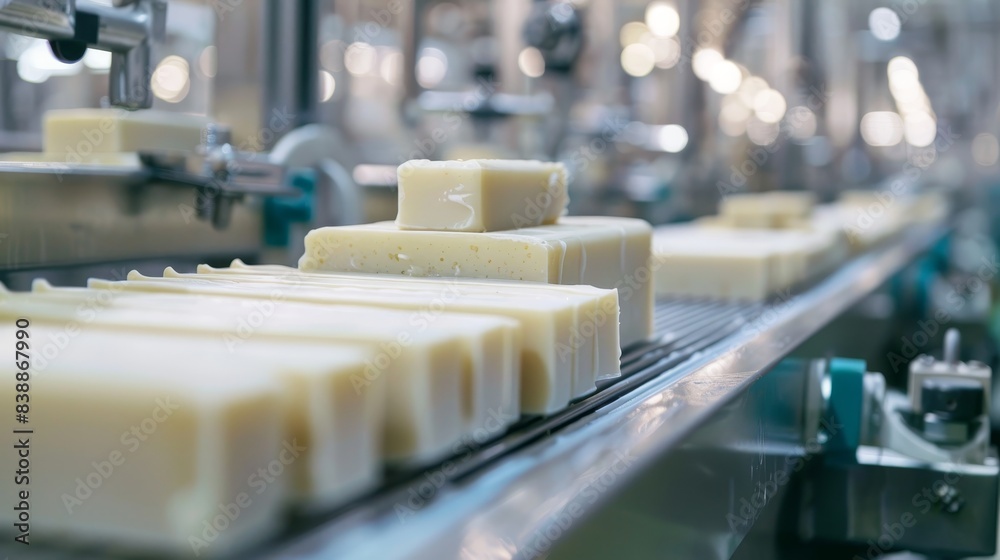 Obraz premium Detailed view of bar soap manufacturing, clean production line in a modern food plant, showcasing the soap bars and machinery