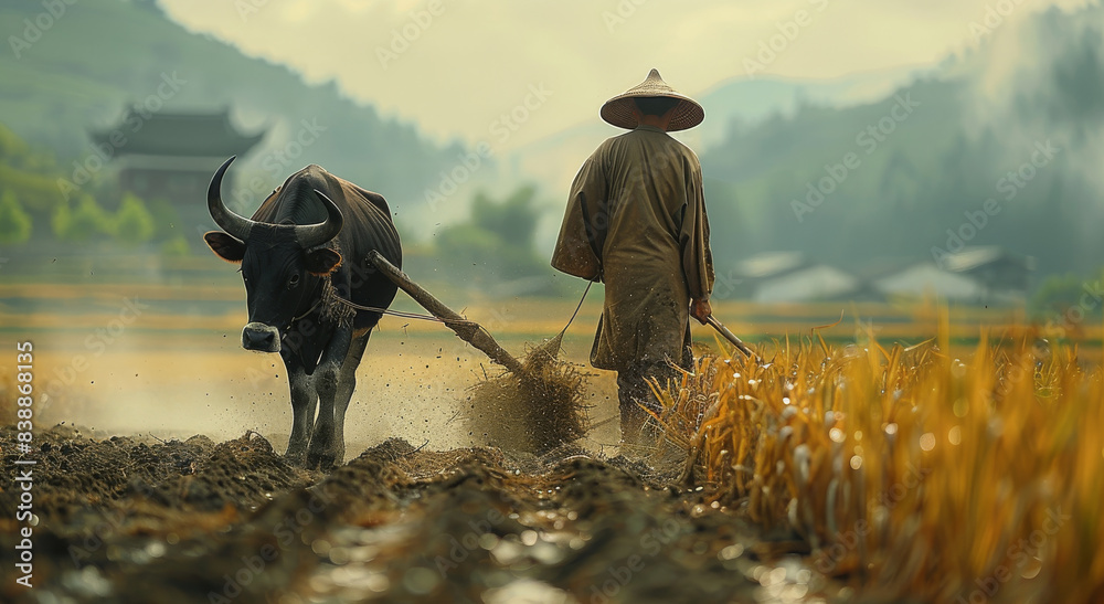 Ancient Chinese farmers wore straw robes, led oxen, and plowed fields ...
