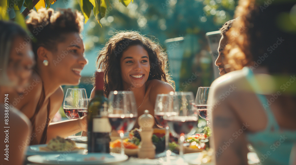 Multiple females at table with wine glasses and food plates Multiple females at table with wine glasses and food plates