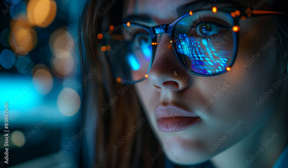 A woman with glasses on looking at something. Generative AI A woman with glasses on looking at something. Generative AI