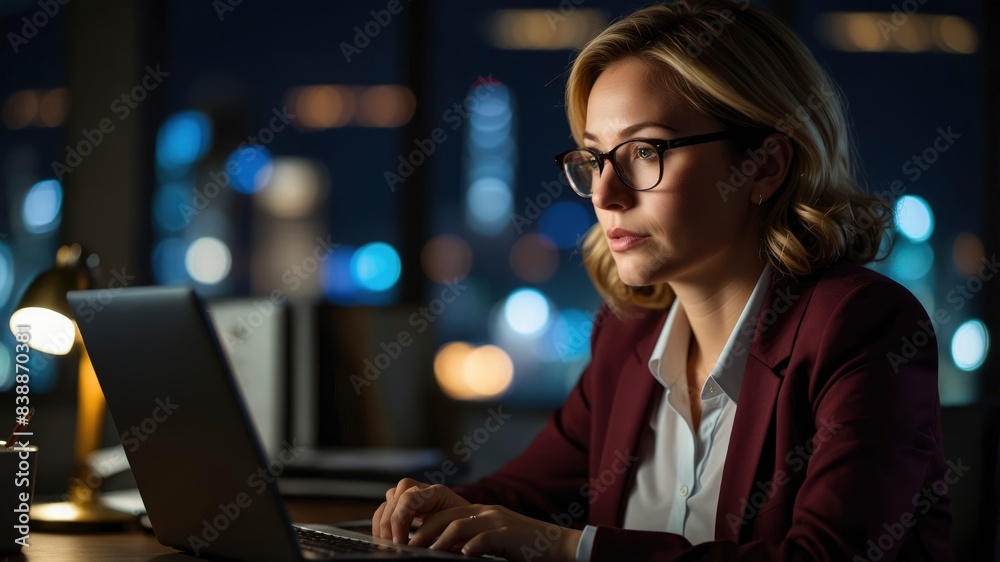 Late at night, a dedicated businesswoman's glasses catch the glow of her laptop screen as she remains focused on completing a corporate report in the office Late at night, a dedicated businesswoman's glasses catch the glow of her laptop screen as she remains focused on completing a corporate report in the office