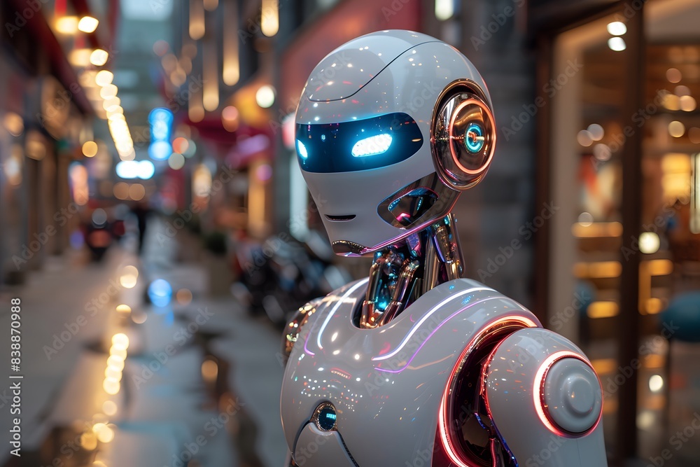 Futuristic AI Robot in Neon-Lit Urban Street - Technology and Innovation Concept for Posters and Digital Media Futuristic AI Robot in Neon-Lit Urban Street - Technology and Innovation Concept for Posters and Digital Media