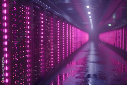 Futuristic Data Center With Vibrant Pink Lighting - Technology Infrastructure for Cloud Computing and Big Data Solutions